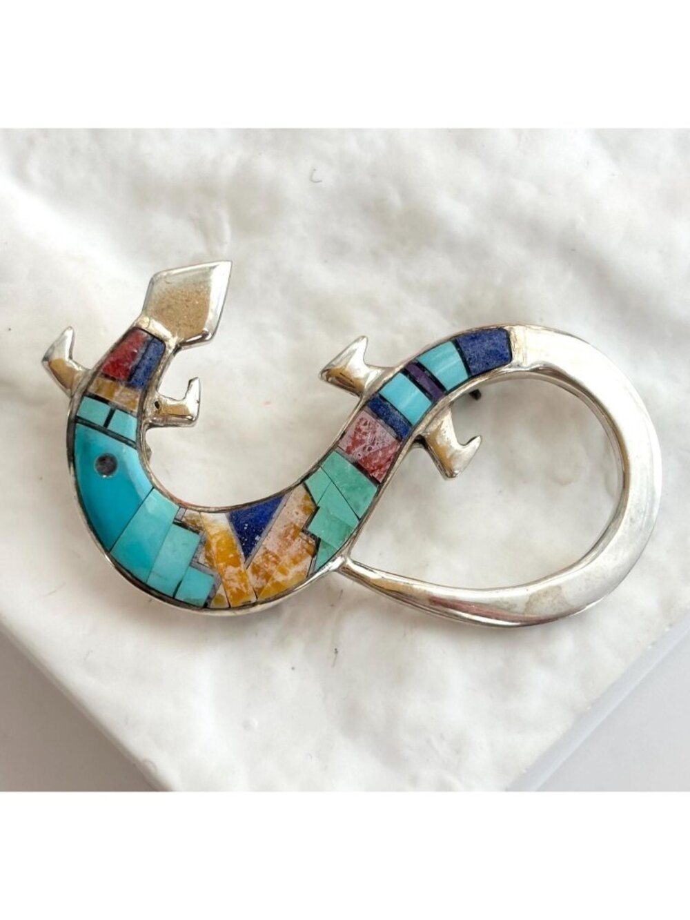 Zuni Lizard Figural Turquoise, Coral 925 Sterling Silver Vintage Brooch Pendant